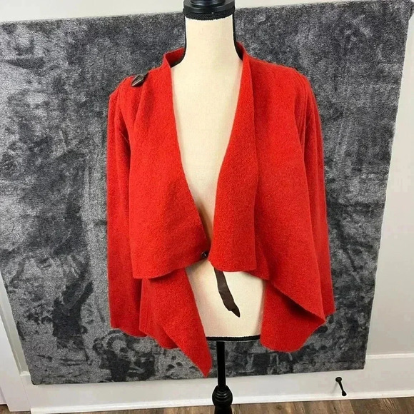 Eileen Fisher Wool Snap Cape Cardigan Jacket Red Orange Lagenlook Leather - Picture 8 of 12